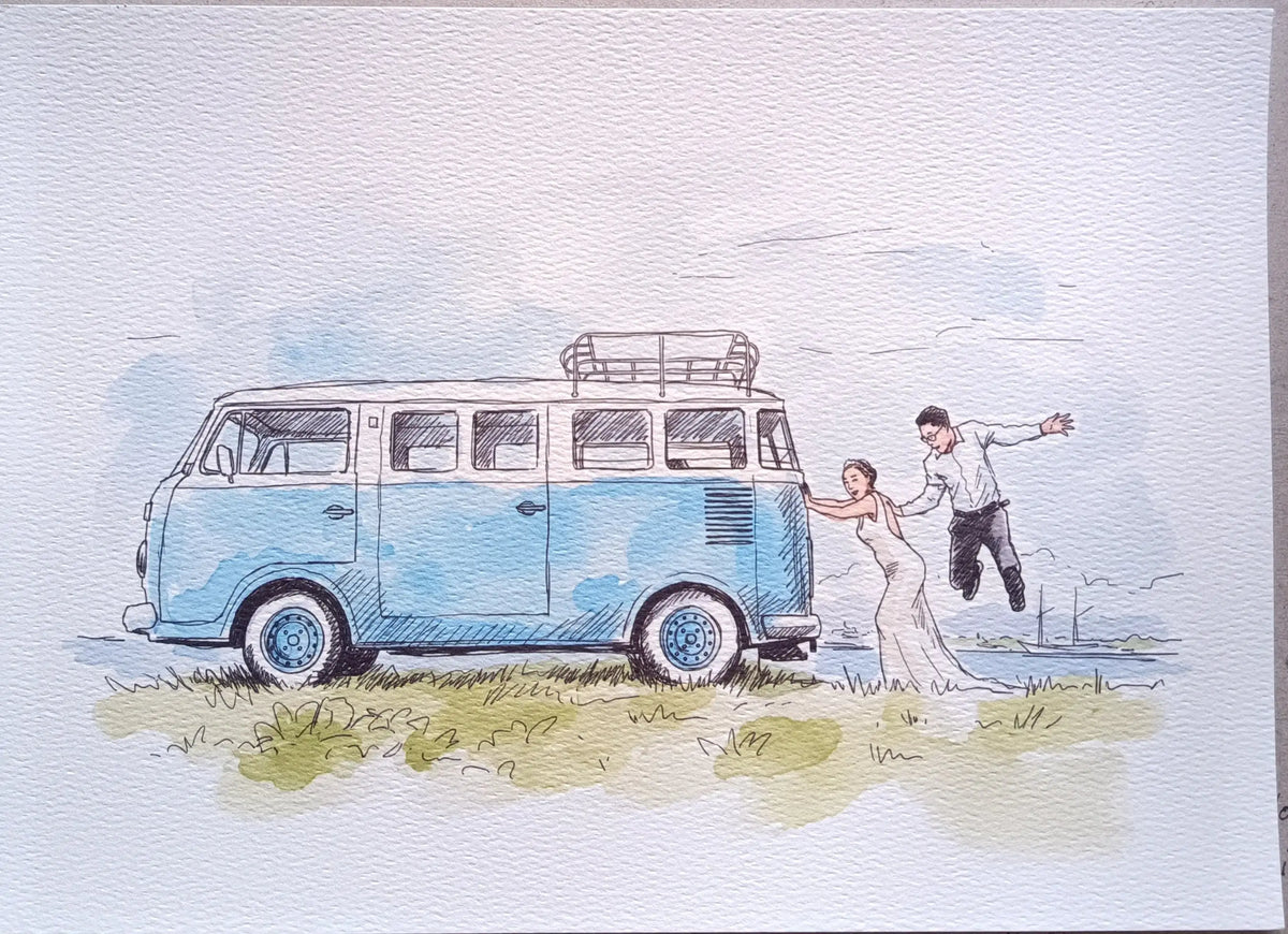 Watercolor illustration of a bride and groom pushing a blue vintage camper van