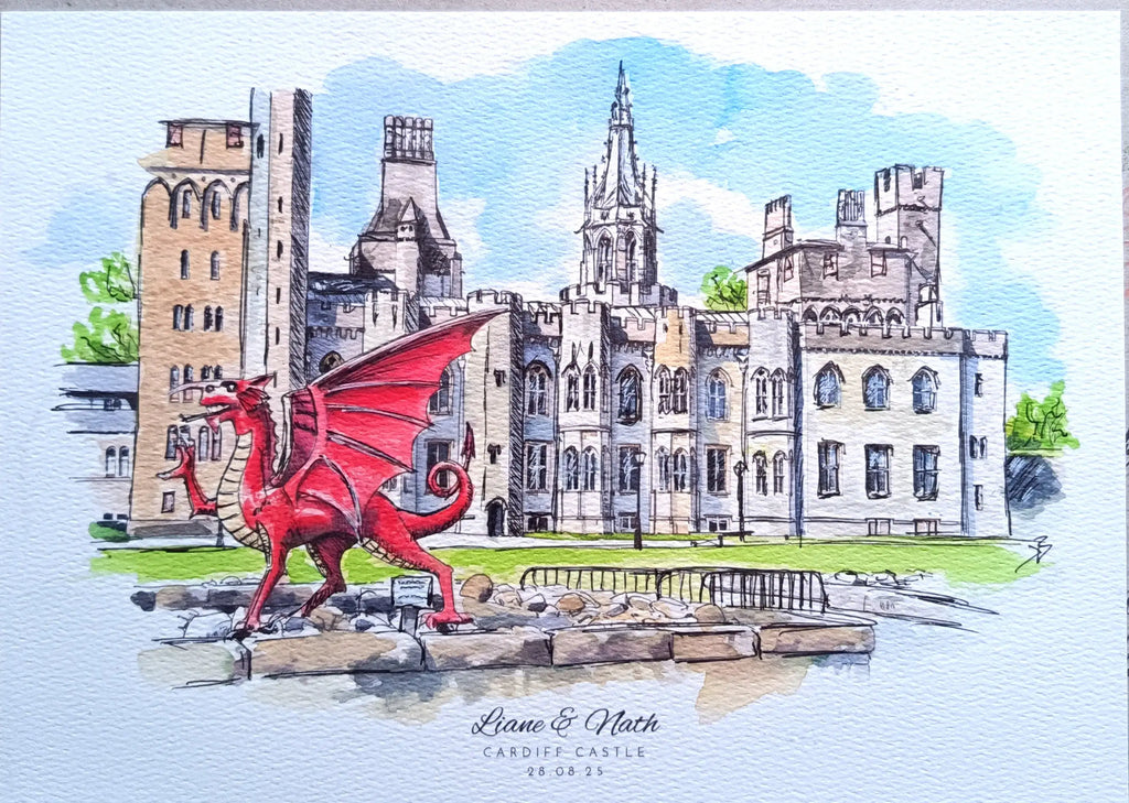 Art on a Wall custom watercolour painting of Cardiff Castle with a red dragon in the foreground