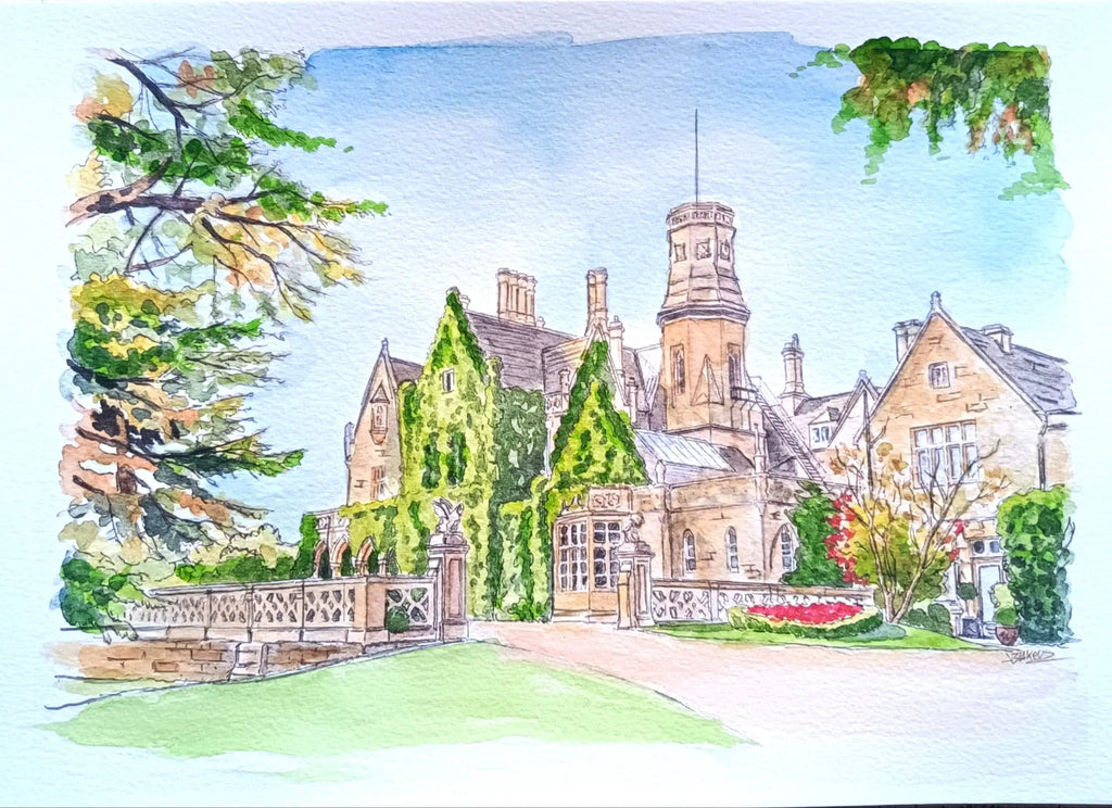 Art on a Wall custom watercolour painting of a stone wedding venue with ivy and a tower