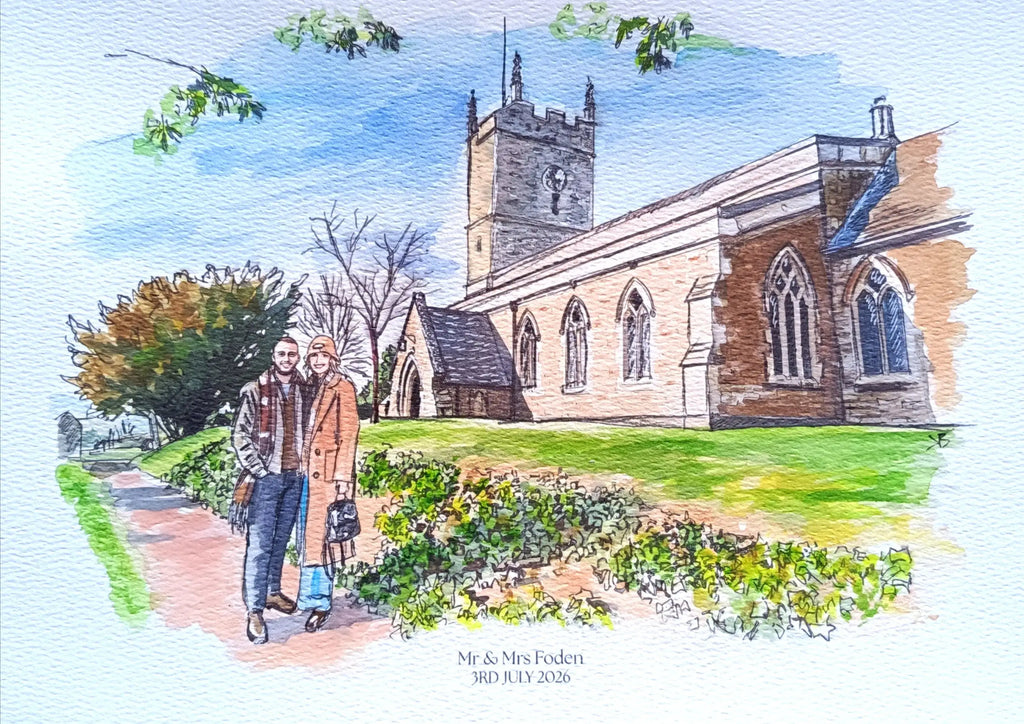 Art on a Wall custom watercolour painting of a couple standing in front of a stone church wedding venue