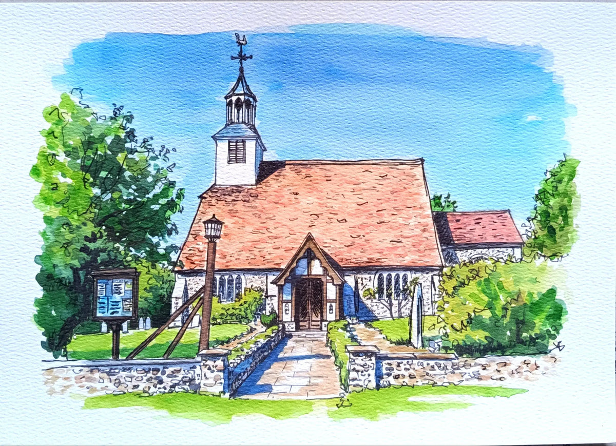 Art on a Wall custom watercolour painting of a stone church with a red roof and a tall steeple
