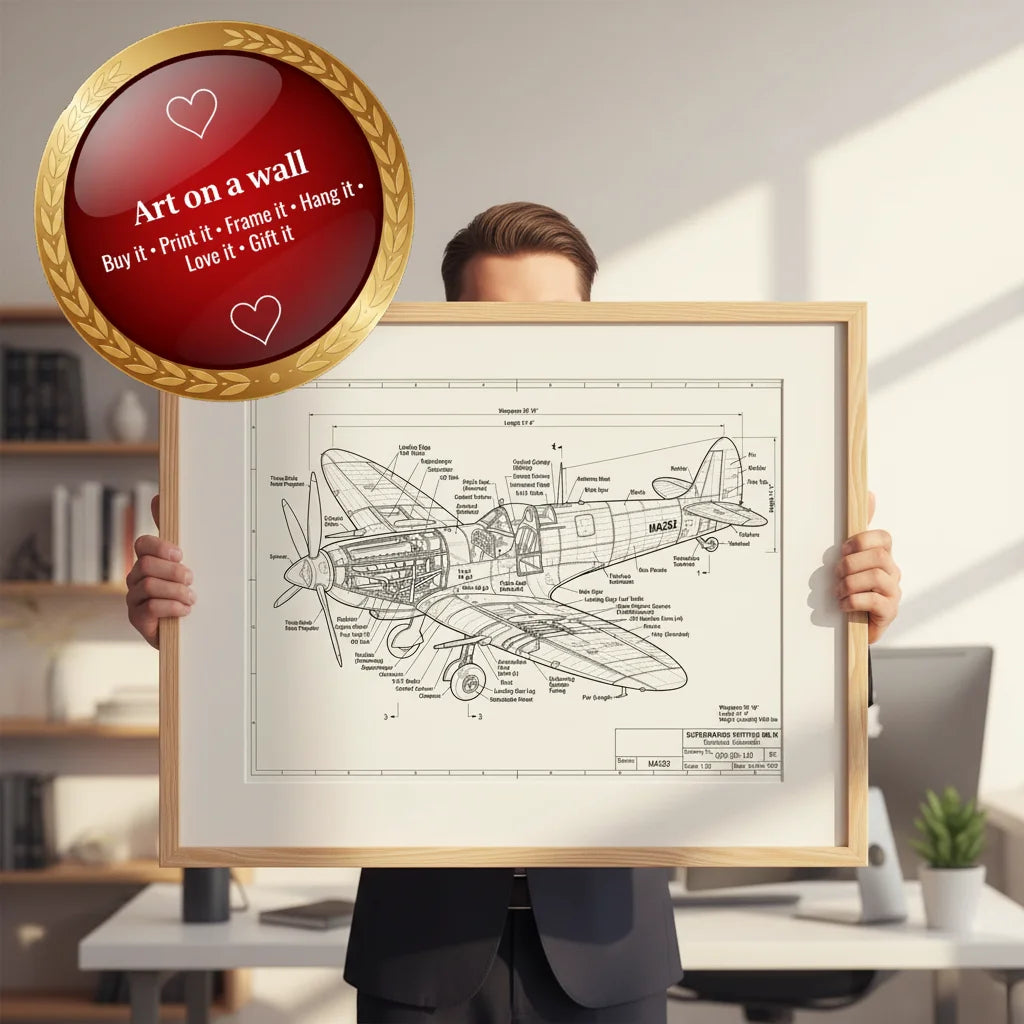 Spitfire Technical Line Art – Detailed Aircraft Illustration (Instant Digital Download) office art