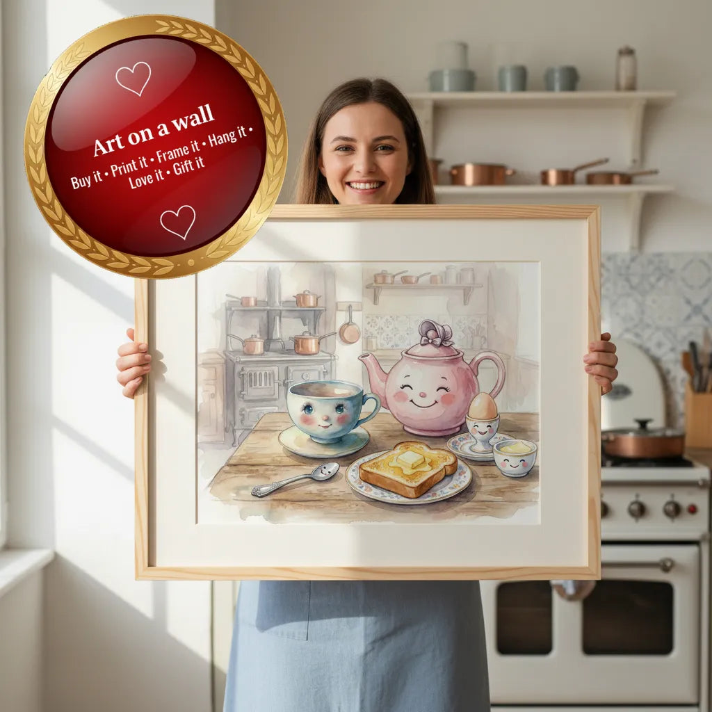 Teacup and Teapot Kitchen Character Scene — Watercolour instant download 