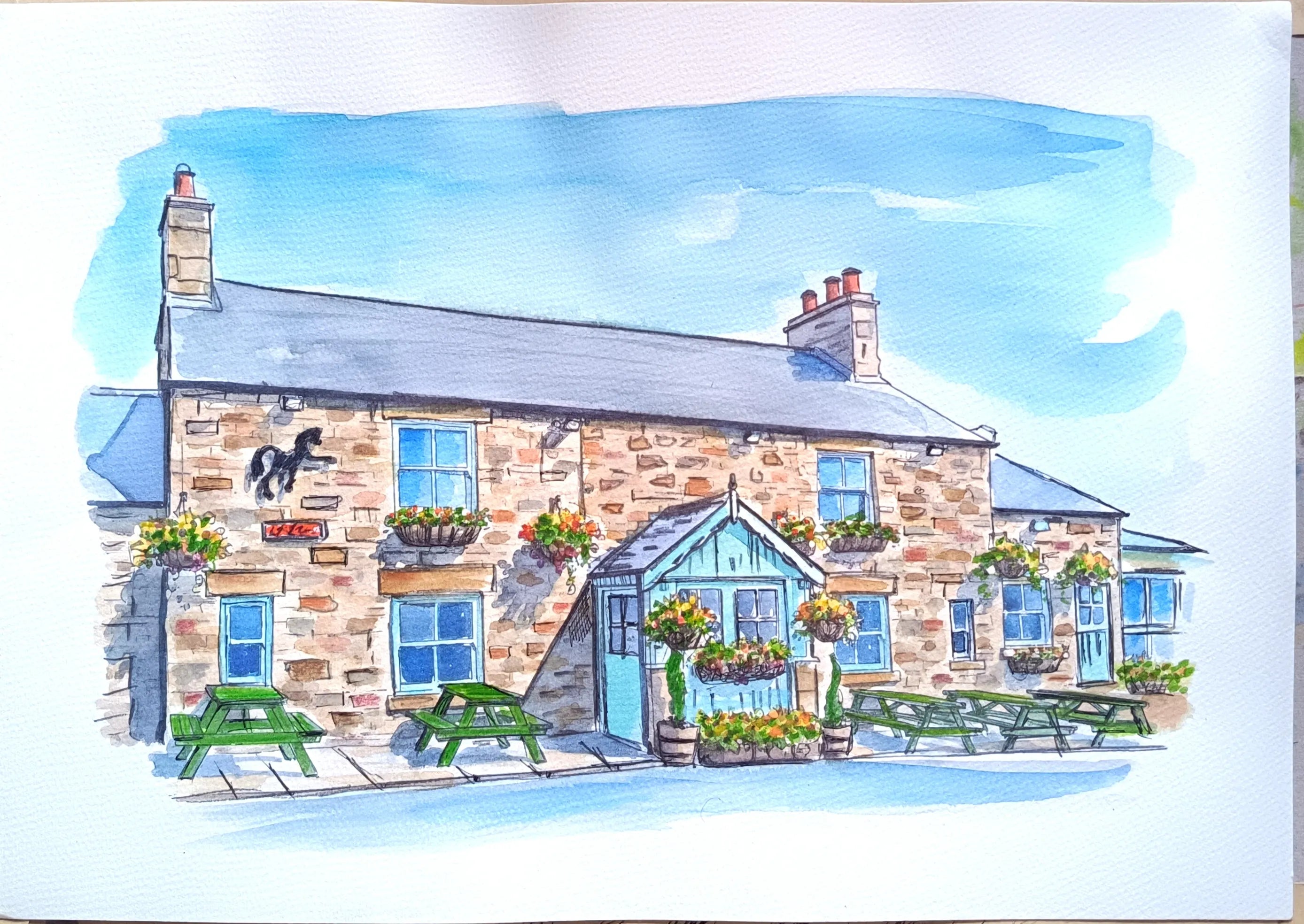Wedding venue with stone building and gardens in hand-painted watercolour