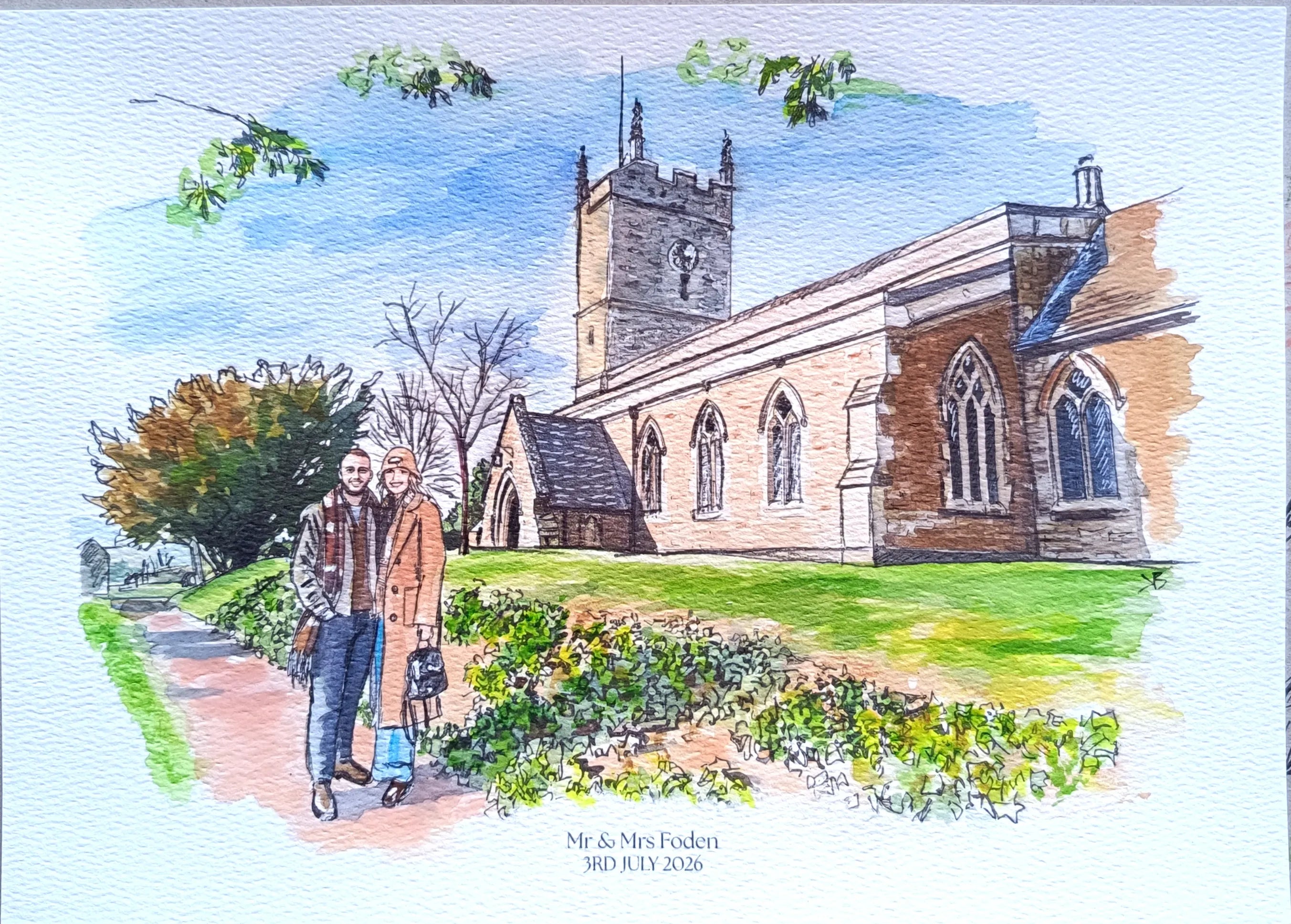 Hand-painted watercolour wedding venue portrait from a photo