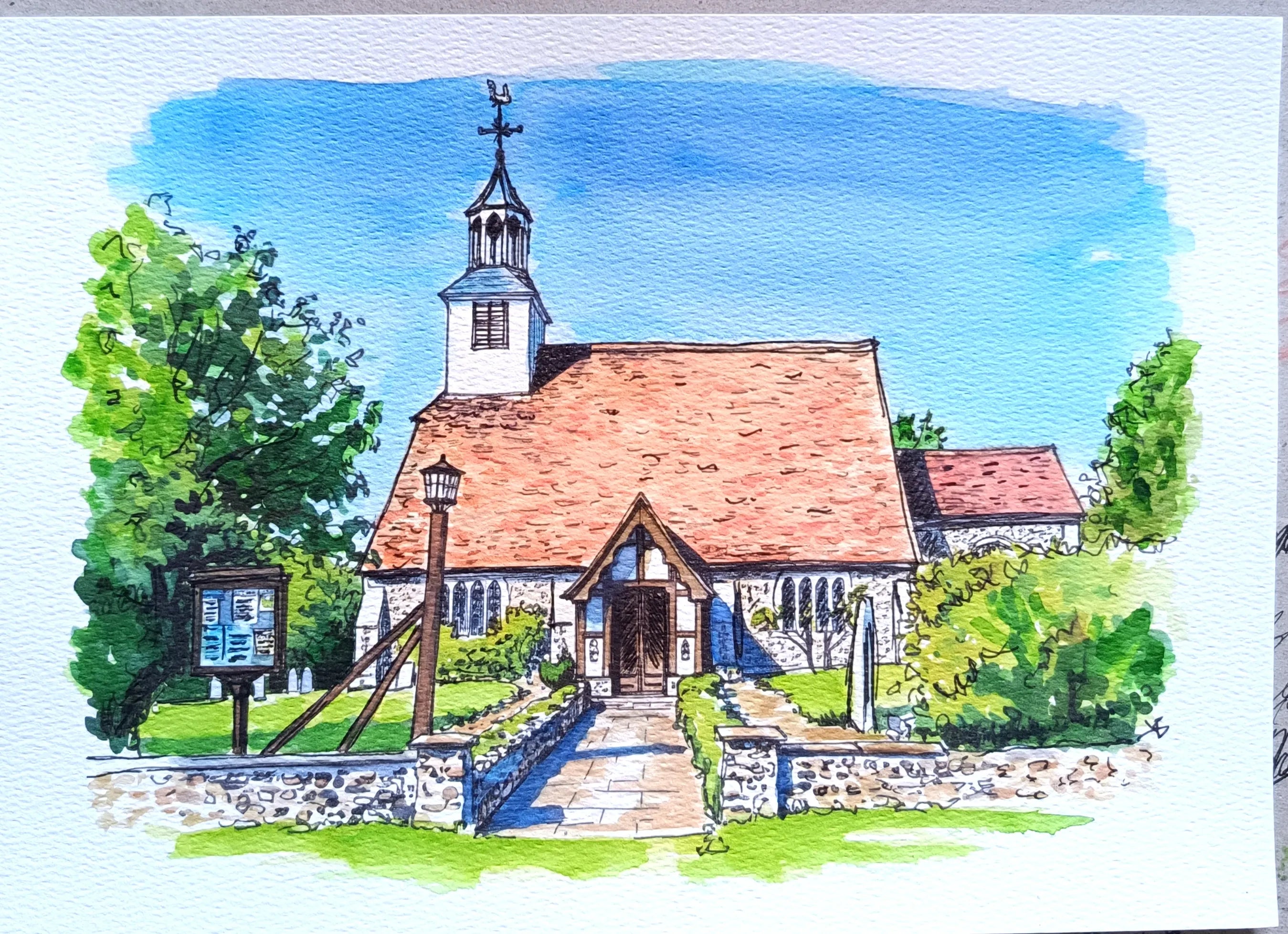 Grand wedding venue painted as an original watercolour portrait