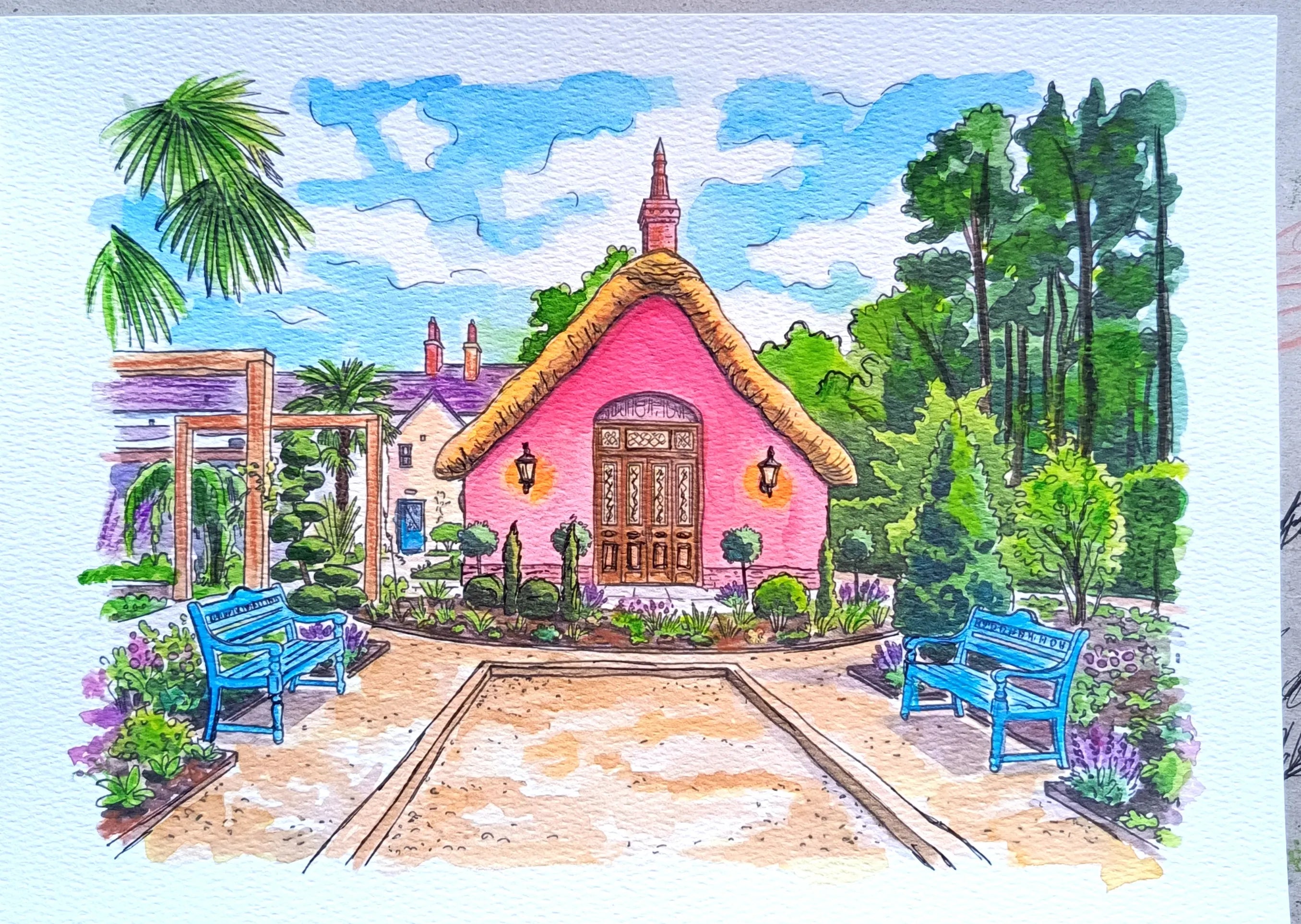 Colourful wedding venue and garden painted in watercolour