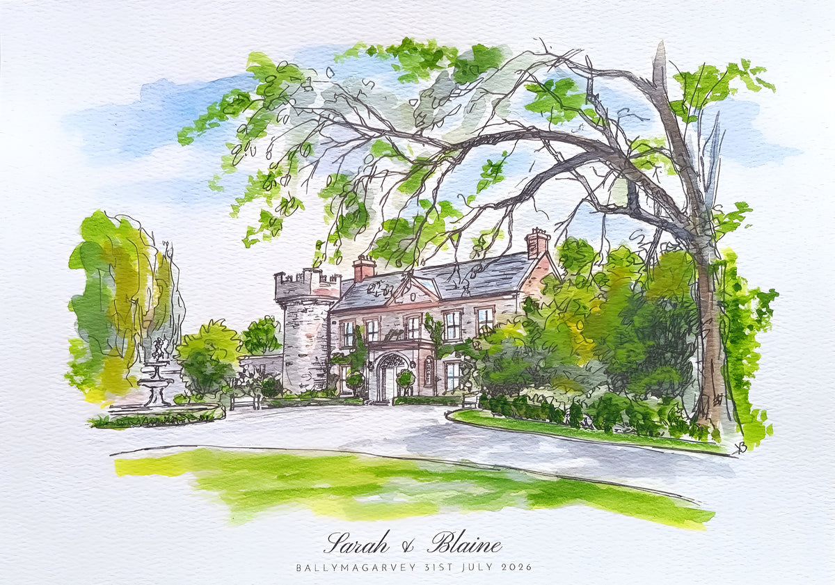 Watercolor illustration of Ballymagarvey estate with a stone building, fountain, and trees