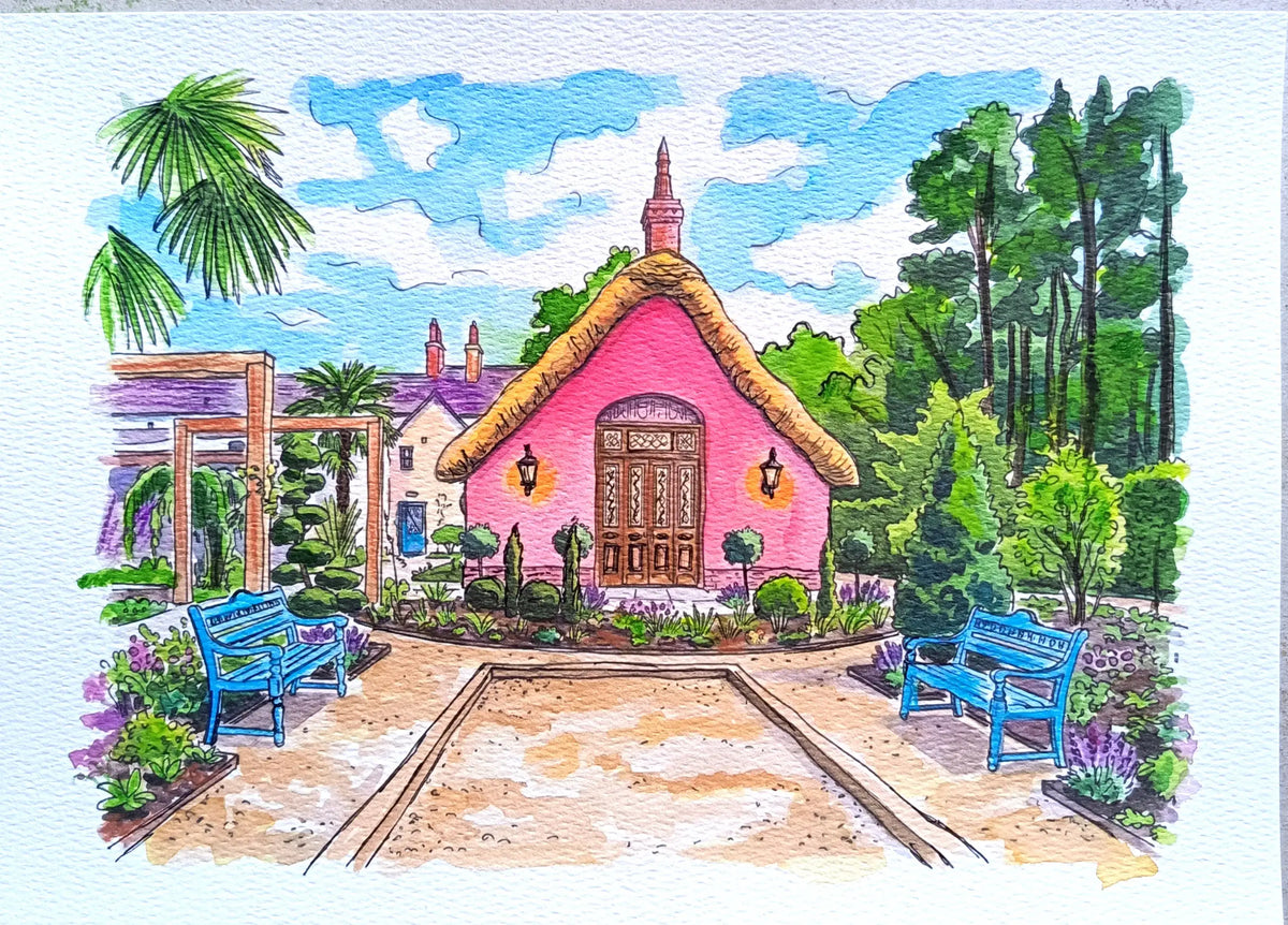 A colorful watercolor painting of a le petite Chateau wedding venue with a thatched roof, surrounded by lush green trees, a garden path, and two blue benches under a bright blue sky.