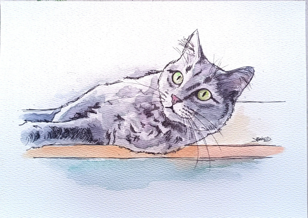 Art on a Wall cat watercolour portrait showing a grey cat resting on a surface