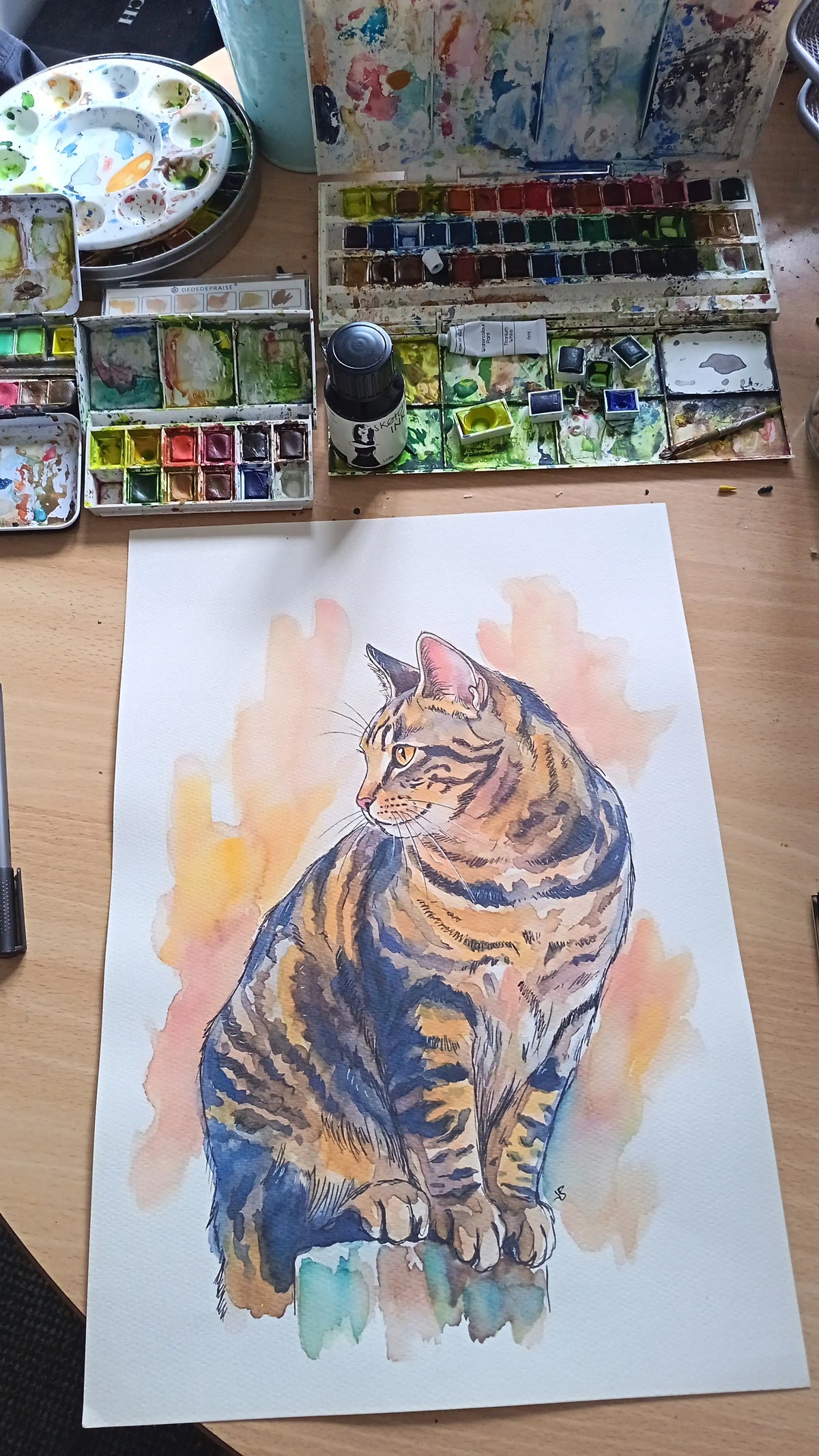 Art on a Wall cat watercolour portrait on paper with paint palettes and ink on a wooden desk